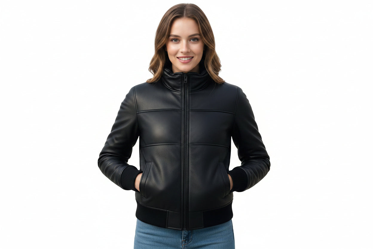 Stormcraft women's black genuine soft lambskin real leather cafe racer motorcycle jacket featuring a high funnel stand collar, horizontal quilted chest panelling, full front zip closure, ribbed knit cuffs and hemband, side welt pockets, and custom made-to-measure fitting across the UK, USA, and Australia.