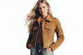 Stormtrail women's warm tan genuine soft suede real leather motorcycle jacket featuring diamond-quilted torso panels, dual chest flap pockets with snap buttons, shoulder epaulets, fold-over collar, front zip closure, and custom made-to-measure fitting across the UK, USA, and Australia.