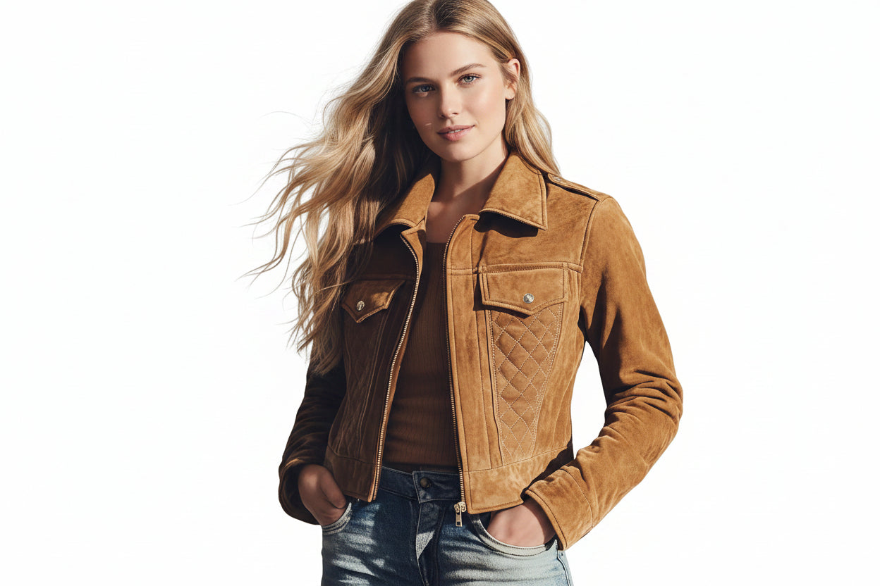 Stormtrail women's warm tan genuine soft suede real leather motorcycle jacket featuring diamond-quilted torso panels, dual chest flap pockets with snap buttons, shoulder epaulets, fold-over collar, front zip closure, and custom made-to-measure fitting across the UK, USA, and Australia.