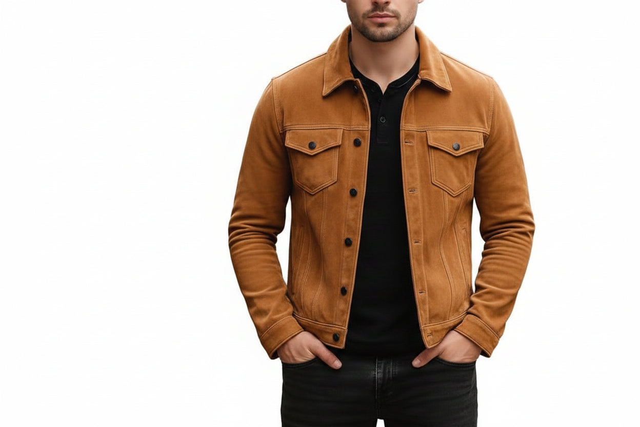 Suede Edge Tan Rider Jacket crafted from premium genuine suede leather for men featuring a classic tan finish, tailored fit, and timeless casual luxury style by UrbanHides.