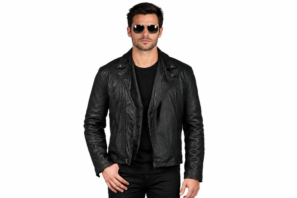 Front view of a man wearing the black Sunburst Patina Leather Jacket featuring a notched lapel collar and offset front zipper.