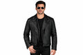 Front view of a man wearing the black Sunburst Patina Leather Jacket featuring a notched lapel collar and offset front zipper.