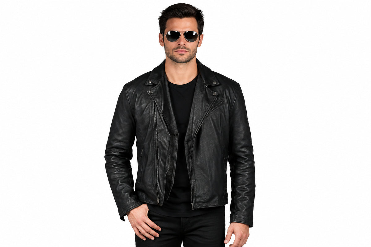 Front view of a man wearing the black Sunburst Patina Leather Jacket featuring a notched lapel collar and offset front zipper.