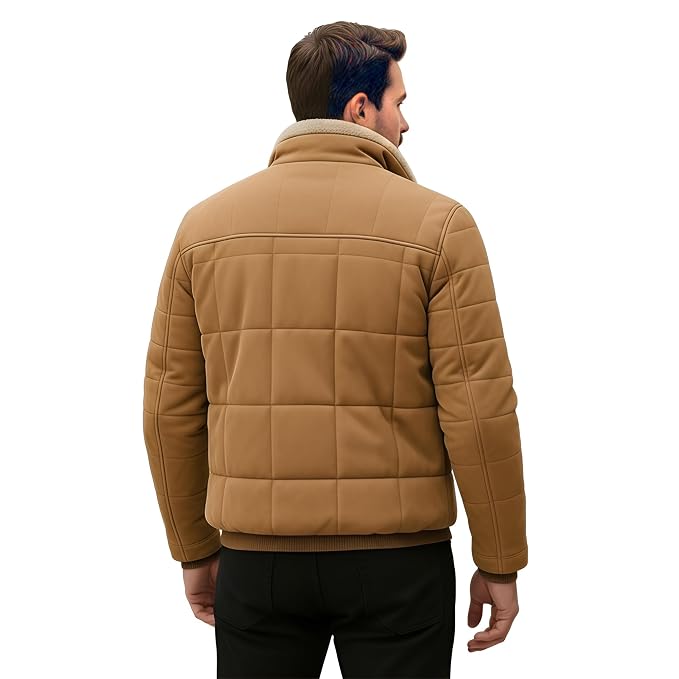 Back view of a man wearing the rustic tan Supreme Edge Rustic Tan Suede Leather Jacket featuring grid quilting and a shearling-lined collar.