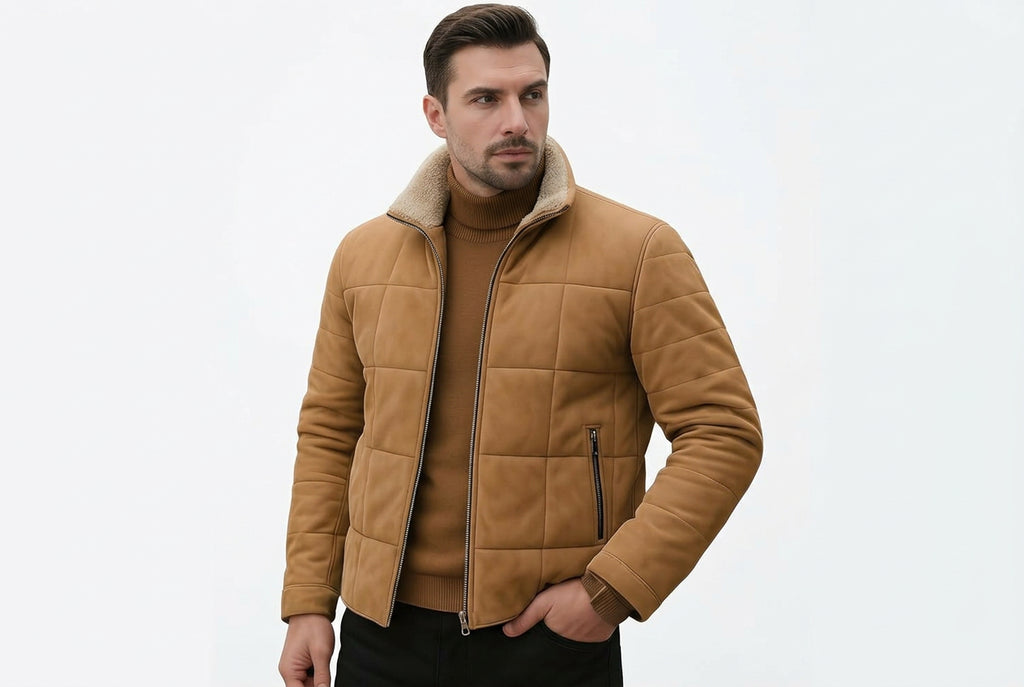 Front view of a man wearing the rustic tan Supreme Edge Rustic Tan Suede Leather Jacket featuring grid quilting and a shearling-lined collar.