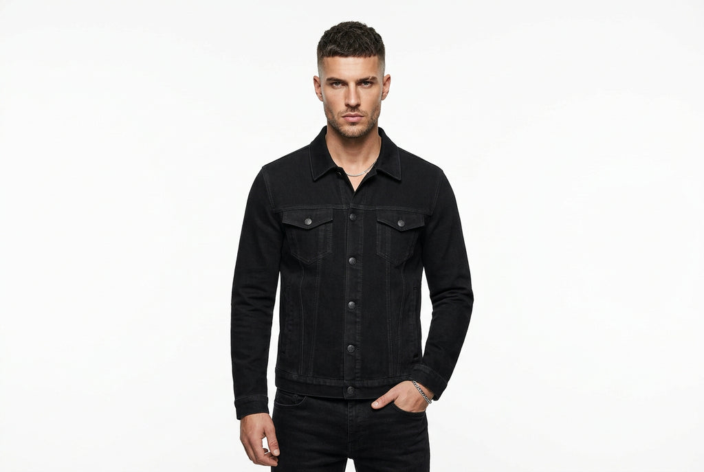 Front view of the black Supreme Grain Urban Moto Mens Suede Leather Jacket featuring dual chest pockets and a shirt collar.