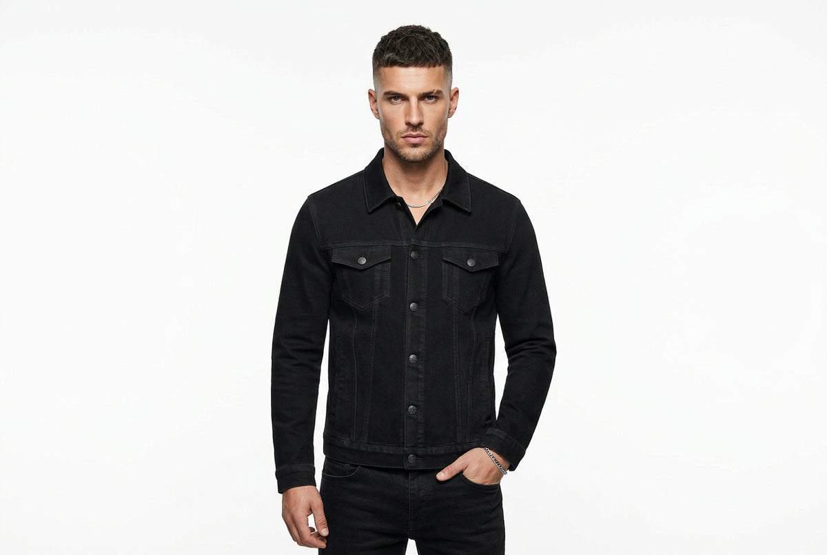 Front view of the black Supreme Grain Urban Moto Mens Suede Leather Jacket featuring dual chest pockets and a shirt collar.