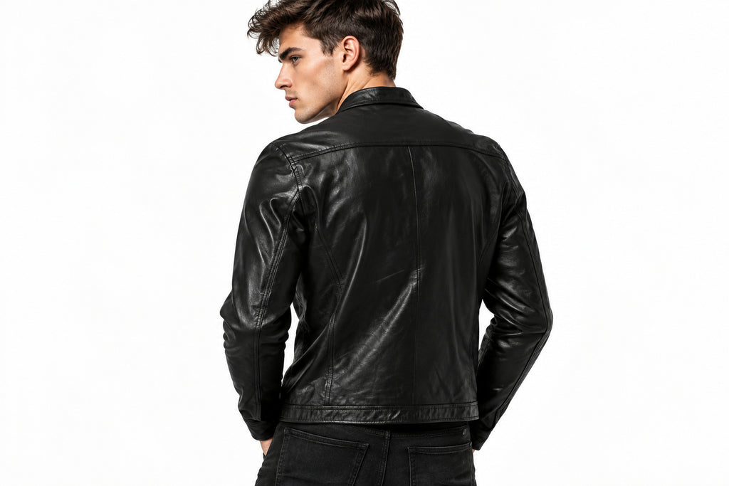 Back view of a man wearing the black The Ace Cafe Slim-Fit Leather Jacket featuring a snap-tab collar and full-zip front closure.