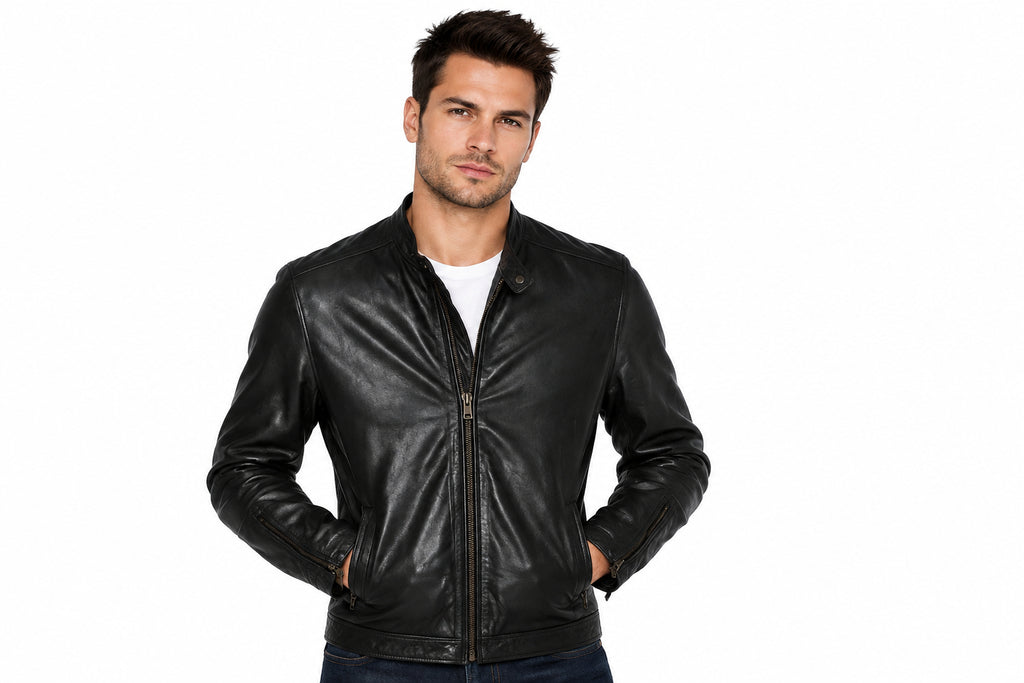 Front view of a man wearing the black The Ace Cafe Slim-Fit Leather Jacket featuring a snap-tab collar and full-zip front closure.