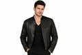 Front view of a man wearing the black The Antique Hide Biker Jacket featuring a ribbed collar and full-zip front closure.