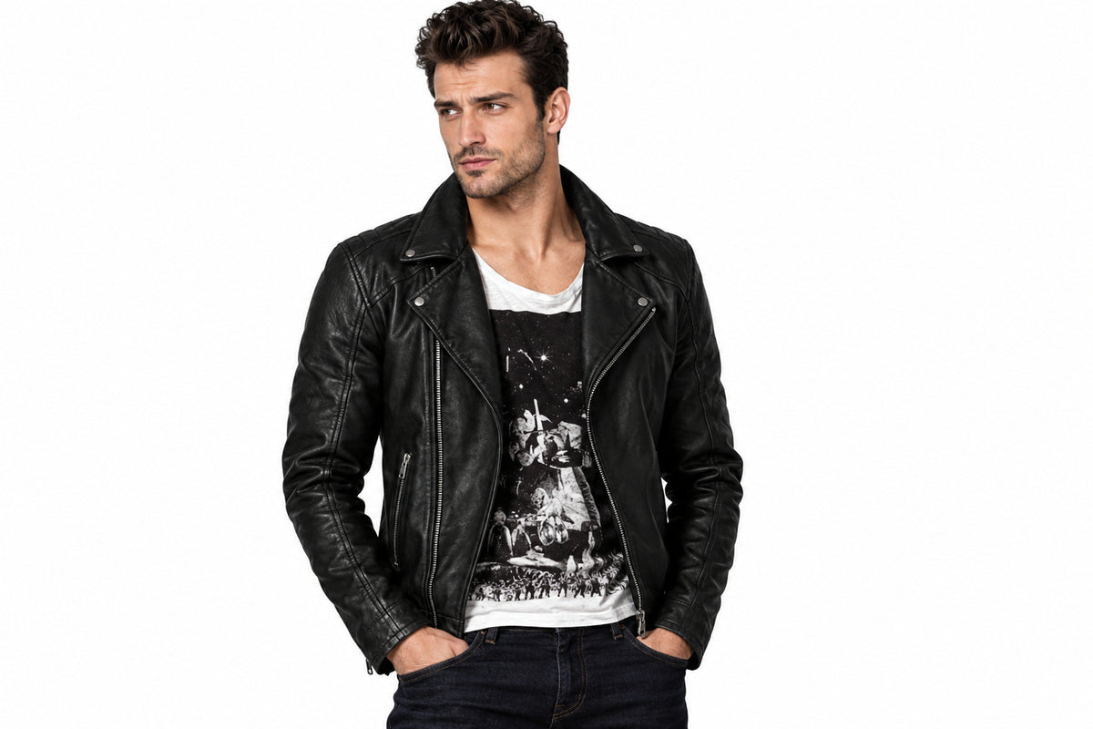 Front view of a man wearing the black The Axis Modern Leather Biker Jacket featuring a notched lapel collar and offset front zipper.