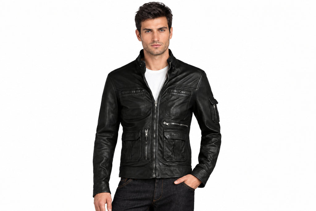 Front view of a man wearing the black The Backcountry Distressed Biker Jacket featuring a snap-tab collar and multi-pocket utility layout.