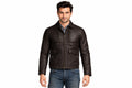 Front view of a man wearing the dark brown The Badlands Heavy Biker Jacket featuring a shirt-style collar and dual flap pockets.