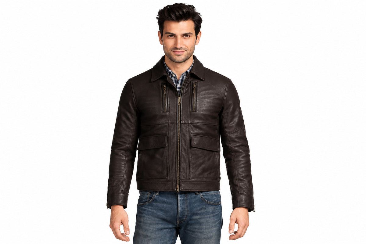 Front view of a man wearing the dark brown The Badlands Heavy Biker Jacket featuring a shirt-style collar and dual flap pockets.