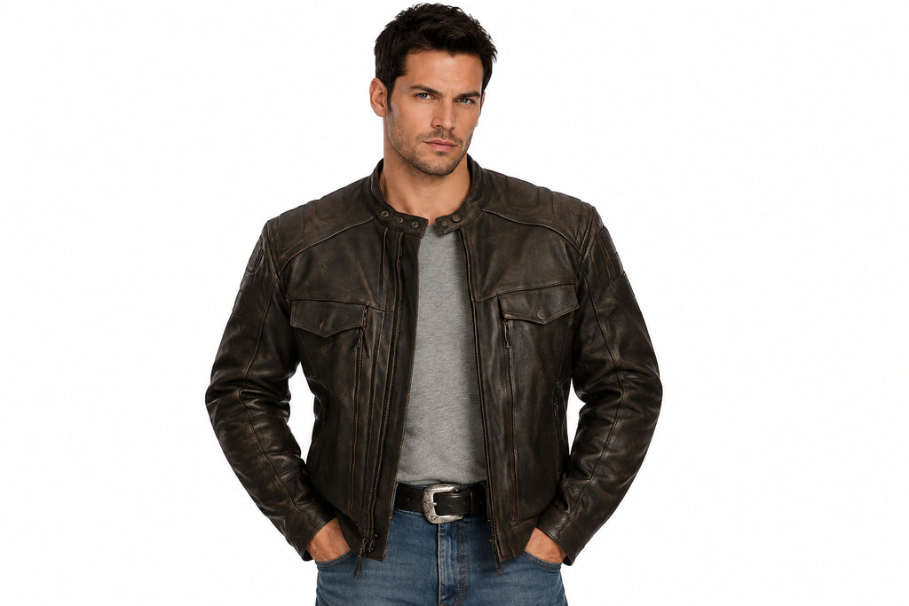 Front view of a man wearing the black The Bespoke Atelier Biker Jacket featuring a snap-tab collar and multi-zip layout.