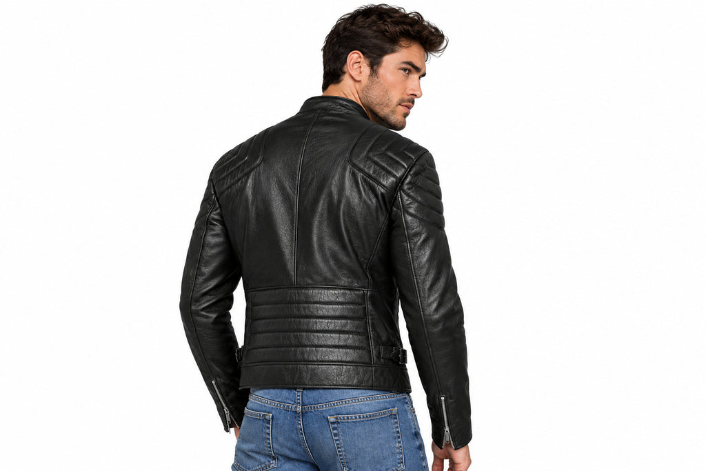 Back view of a man wearing the black The Copperhead Vintage Rider Jacket featuring a snap-tab collar and offset front zipper.