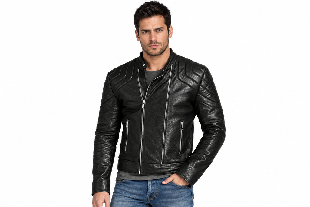 Front view of a man wearing the black The Copperhead Vintage Rider Jacket featuring a snap-tab collar and offset front zipper.