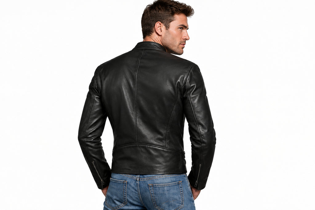 Back view of a man wearing the dark espresso The Custom Sovereign Moto Jacket featuring a snap-tab collar and angled chest zippers.
