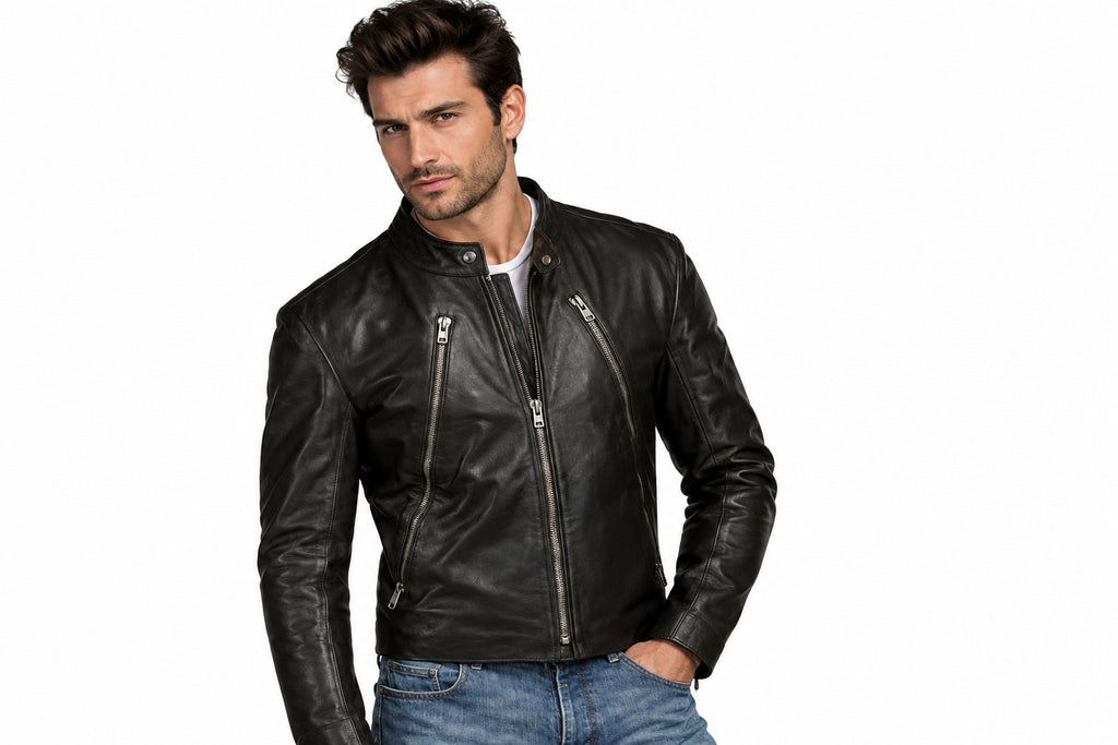 Front view of a man wearing the dark espresso The Custom Sovereign Moto Jacket featuring a snap-tab collar and angled chest zippers.