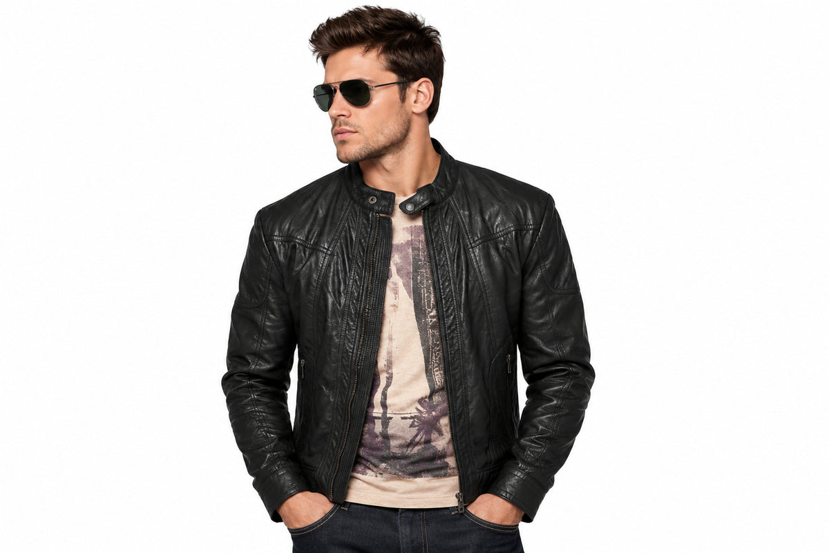 Front view of a man wearing the charcoal black The Cyber-Rider Biker Jacket featuring a snap-tab collar and full-zip closure
