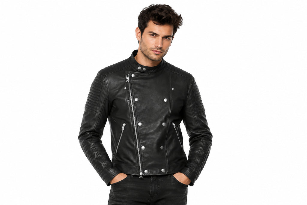 Front view of a man wearing the black The Gridline Minimal Biker jacket featuring a snap-tab collar and asymmetrical double-breasted zip layout.