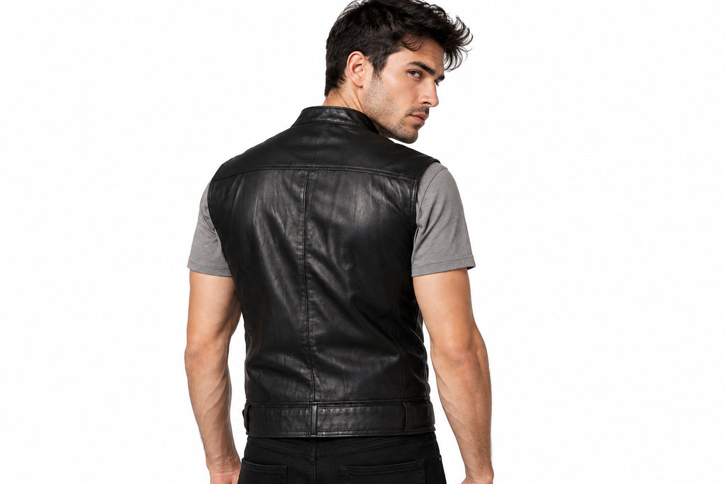 Back view of a man wearing the black The Hand-Tailored Double Rider Jacket featuring a sleeveless vest design with an asymmetrical zip and waist belt.