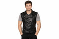 Front view of a man wearing the black The Hand-Tailored Double Rider Jacket featuring a sleeveless vest design with an asymmetrical zip and waist belt.