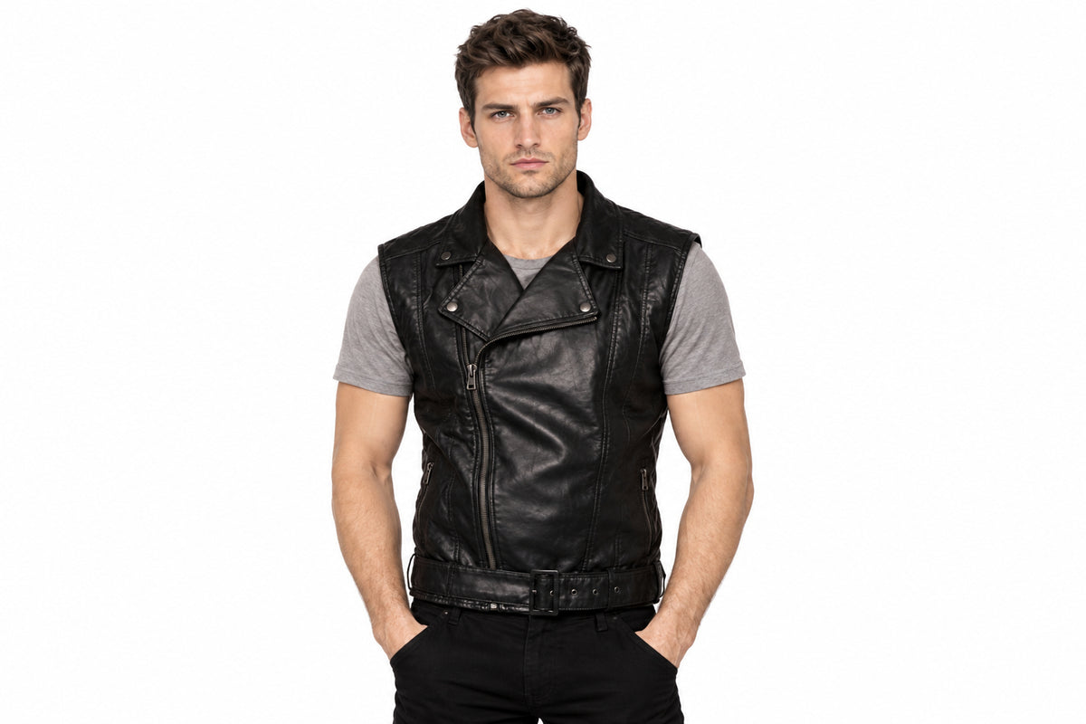 Front view of a man wearing the black The Hand-Tailored Double Rider Jacket featuring a sleeveless vest design with an asymmetrical zip and waist belt.