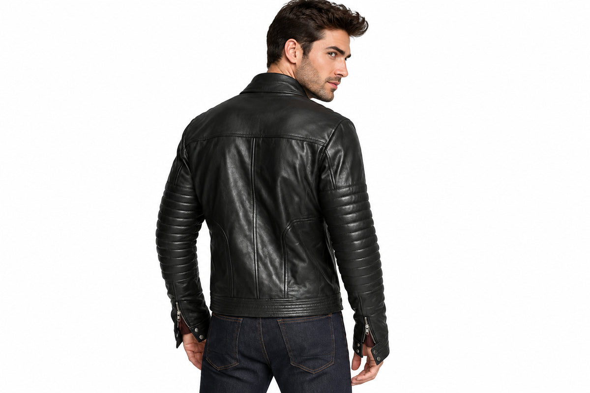 Back view of a man wearing the black The Highwayman Double Rider Jacket featuring a stand-up collar and quilted sleeve detailing.
