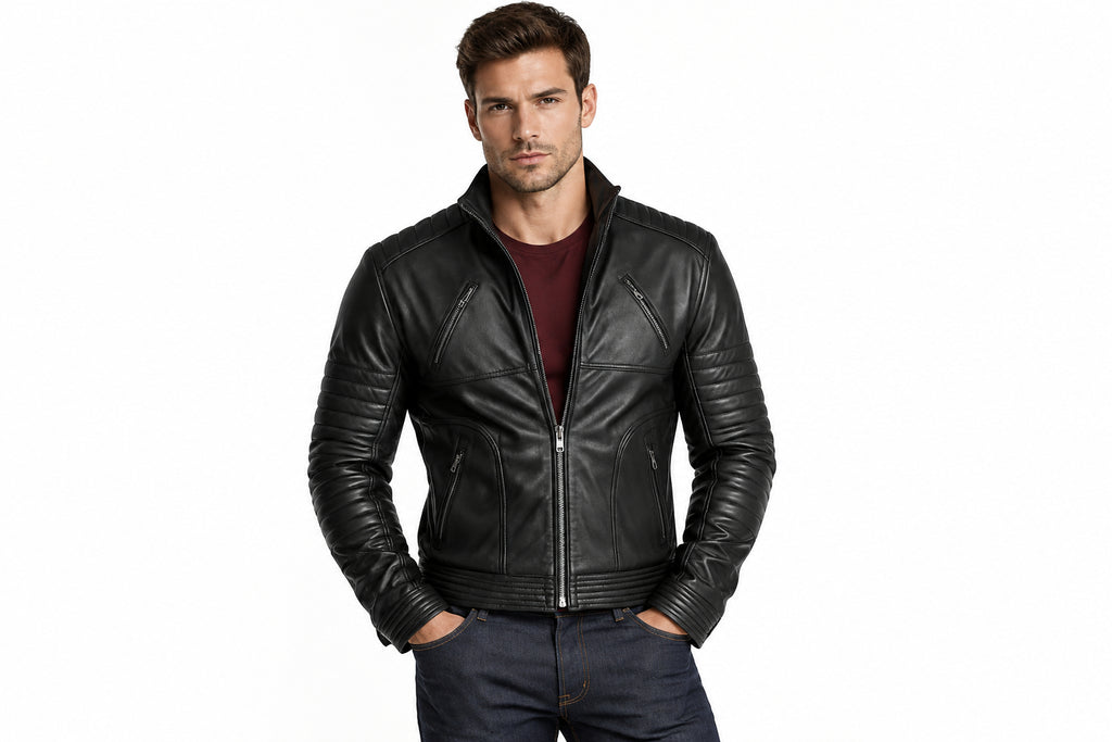 Front view of a man wearing the black The Highwayman Double Rider Jacket featuring a stand-up collar and quilted sleeve detailing.