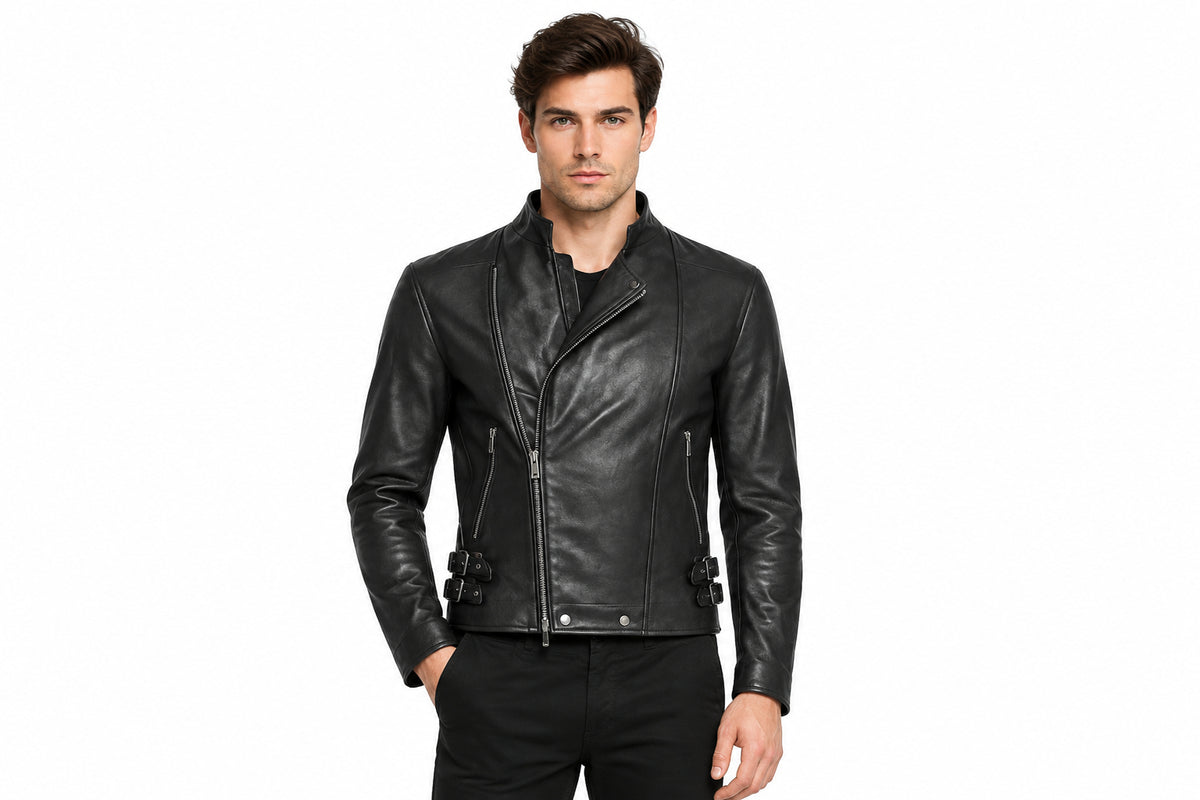 Front view of a man wearing the black The Ironclad Double Rider Jacket featuring an asymmetric stand collar and side buckle details
