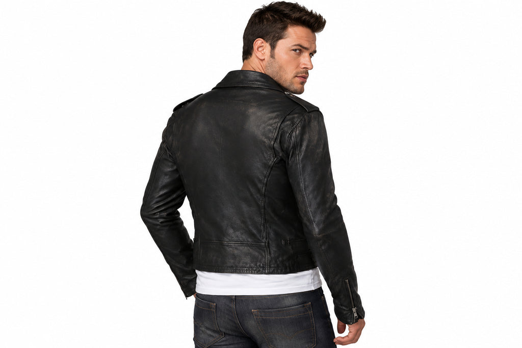 Back view of a man wearing the dark brown The Ironwood Distressed Moto Jacket featuring notched lapels and an asymmetrical zipper.