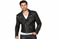 Front view of a man wearing the dark brown The Ironwood Distressed Moto Jacket featuring notched lapels and an asymmetrical zipper.