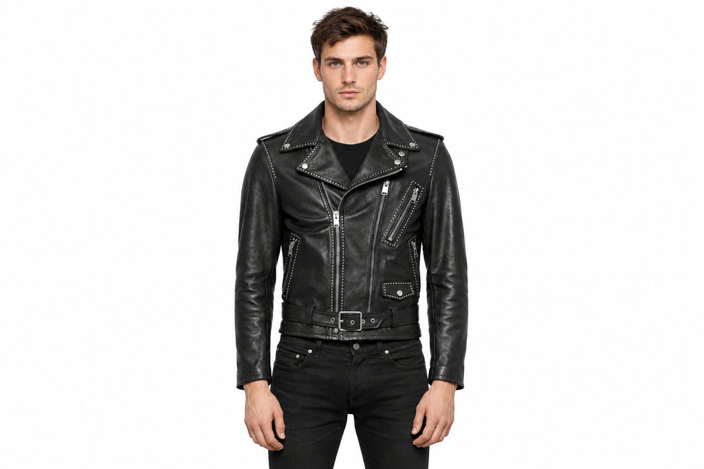 Front view of a man wearing the black The Maverick Asymmetrical Biker Jacket featuring studded lapels and an adjustable waist belt.