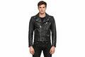 Front view of a man wearing the black The Maverick Asymmetrical Biker Jacket featuring studded lapels and an adjustable waist belt.