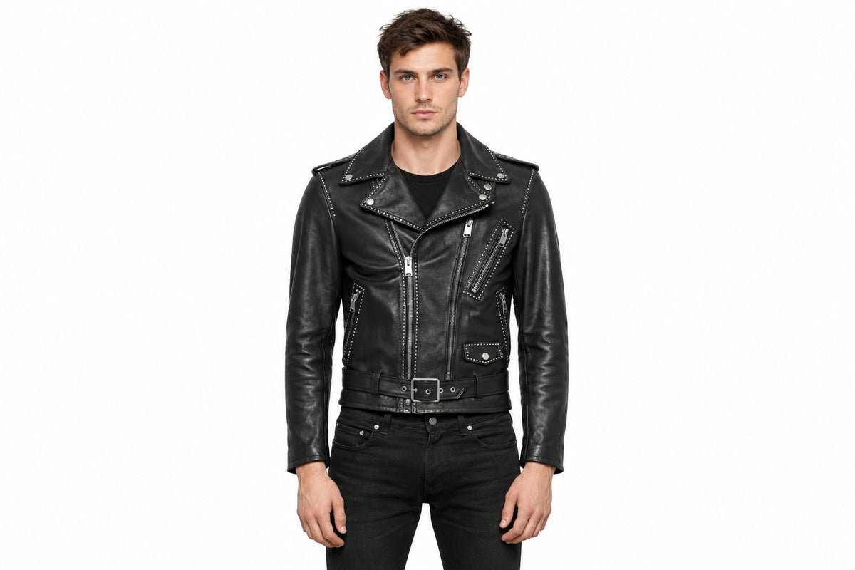 Front view of a man wearing the black The Maverick Asymmetrical Biker Jacket featuring studded lapels and an adjustable waist belt.