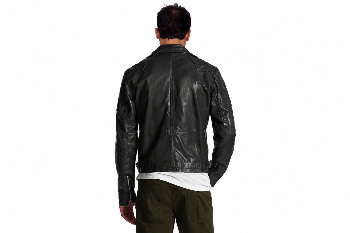 Back view of a man wearing the charcoal black The Midnight Racer Jacket featuring a notched lapel collar and asymmetrical zipper