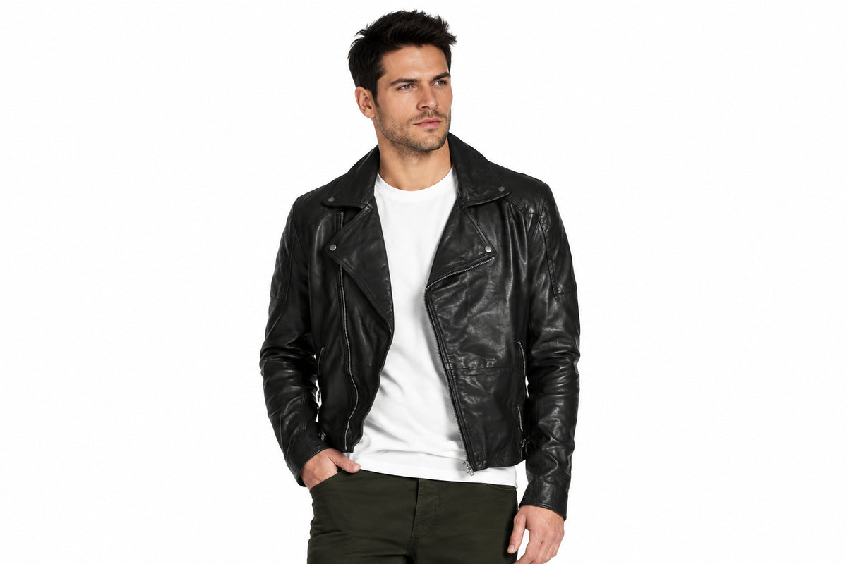Front view of a man wearing the charcoal black The Midnight Racer Jacket featuring a notched lapel collar and asymmetrical zipper
