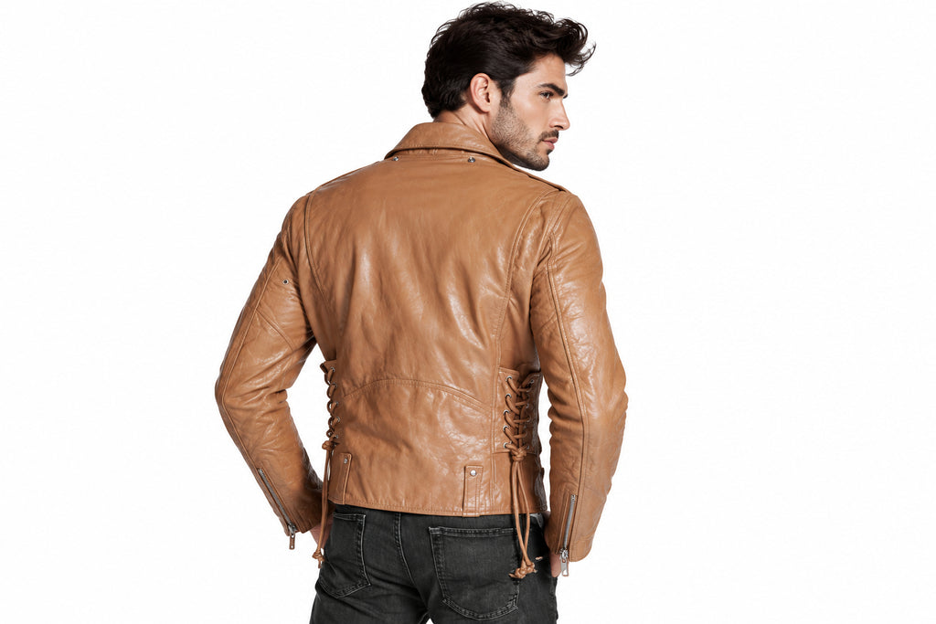 Back view of a man wearing the tan The Mod-Racer Leather Jacket featuring notched lapels and an asymmetrical zipper.