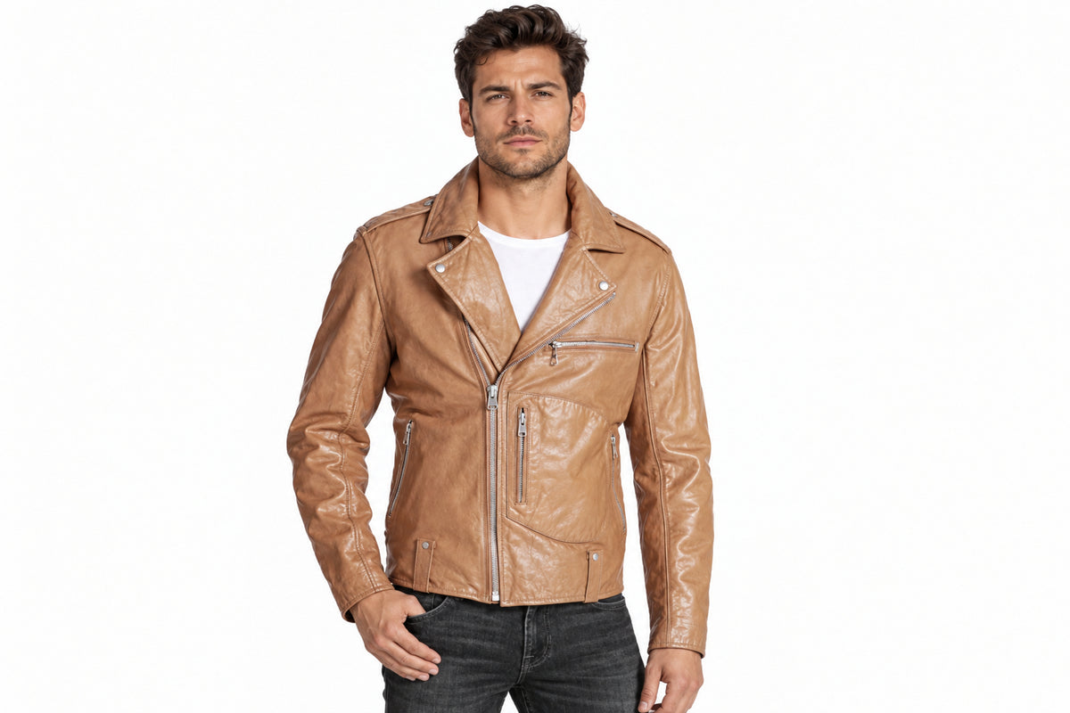 Front view of a man wearing the tan The Mod-Racer Leather Jacket featuring notched lapels and an asymmetrical zipper.