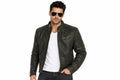 Front view of a man wearing the charcoal black The Monolith Leather Biker Jacket featuring a stand collar and full-zip closure.