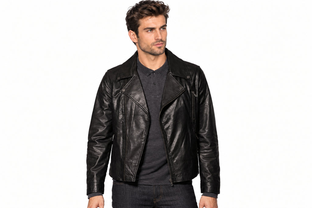 Front view of a man wearing the black The Nightfall Tactical Biker Jacket featuring notched lapels and an asymmetrical zipper.