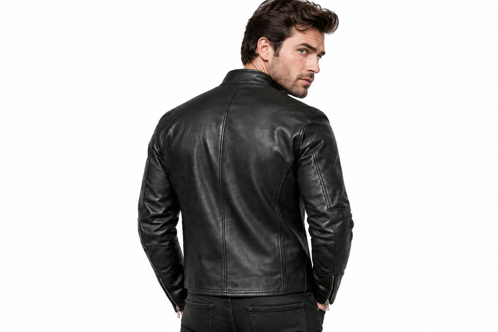 Back view of a man wearing the black The Outlaw Classic Double Rider Jacket featuring a stand collar and asymmetrical zipper.
