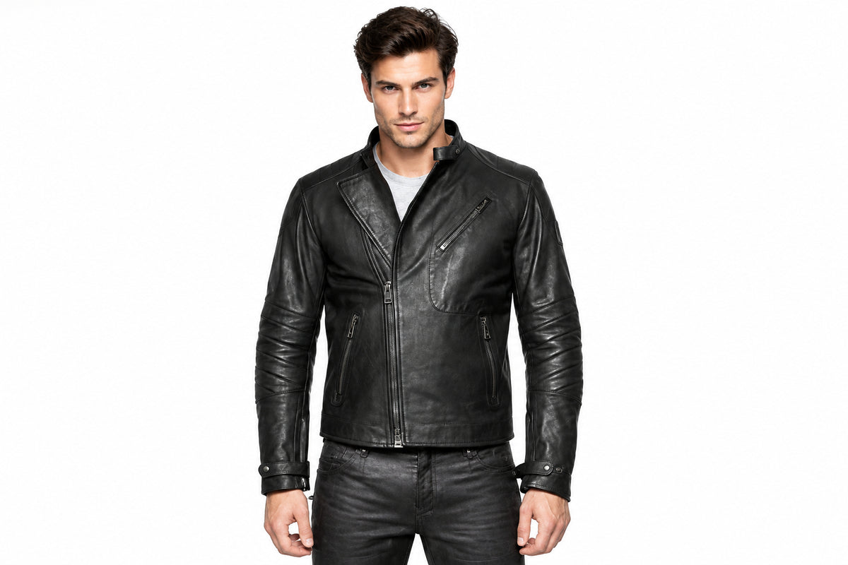 Front view of a man wearing the black The Outlaw Classic Double Rider Jacket featuring a stand collar and asymmetrical zipper.