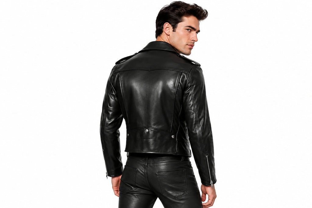 Back view of a man wearing the black The Phantom Slim Moto Jacket featuring notched lapels and an asymmetrical zipper.