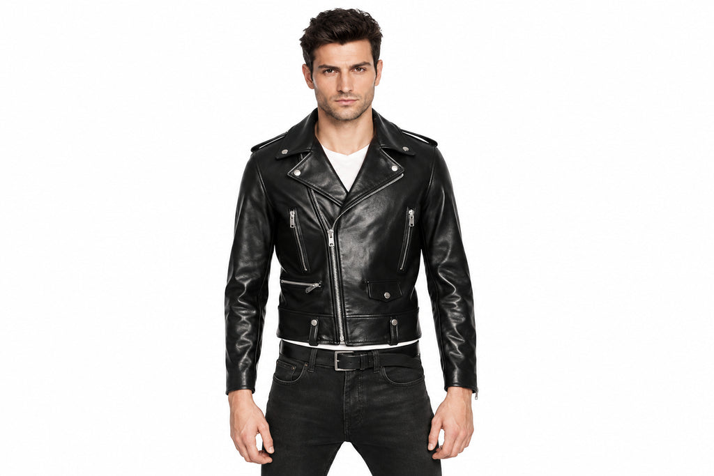 Front view of a man wearing the black The Phantom Slim Moto Jacket featuring notched lapels and an asymmetrical zipper.