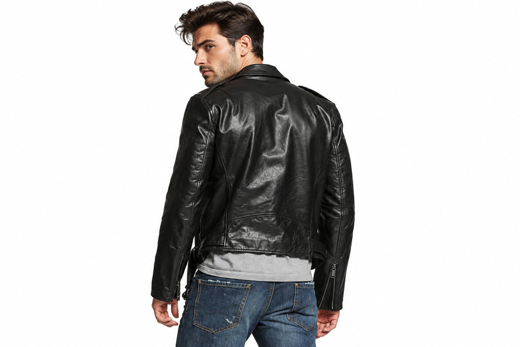 Back view of a man wearing the black The Pioneer Vintage Biker Jacket featuring chest flap pockets and a snap-tab lapel collar.