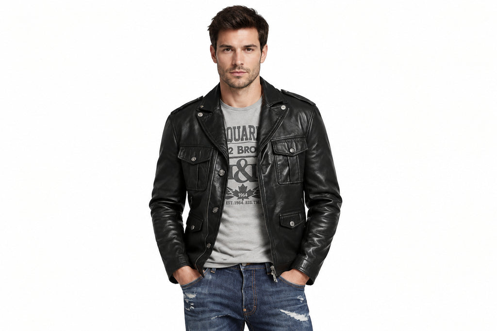 Front view of a man wearing the black The Pioneer Vintage Biker Jacket featuring chest flap pockets and a snap-tab lapel collar.