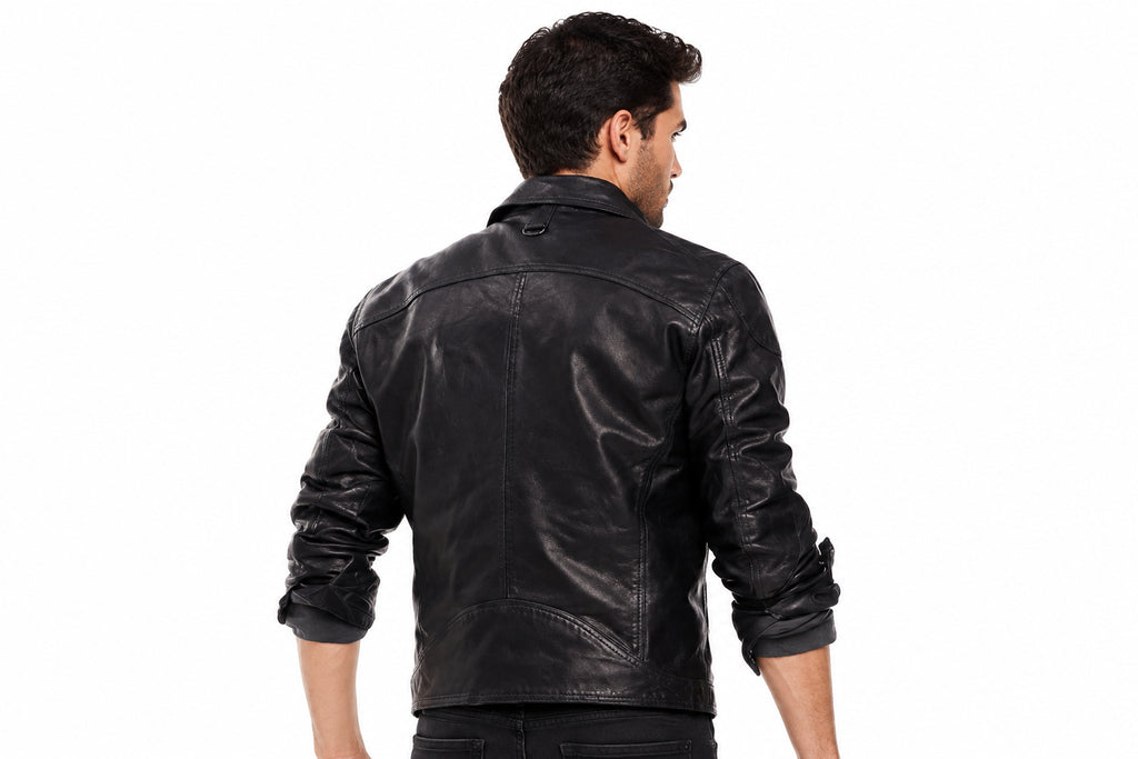 Back view of a man wearing the black The Renegade Heavyweight Biker Jacket featuring a fold-down collar and zippered chest pocket.