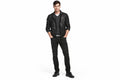 Front view of a man wearing the black The Renegade Heavyweight Biker Jacket featuring a fold-down collar and zippered chest pocket.